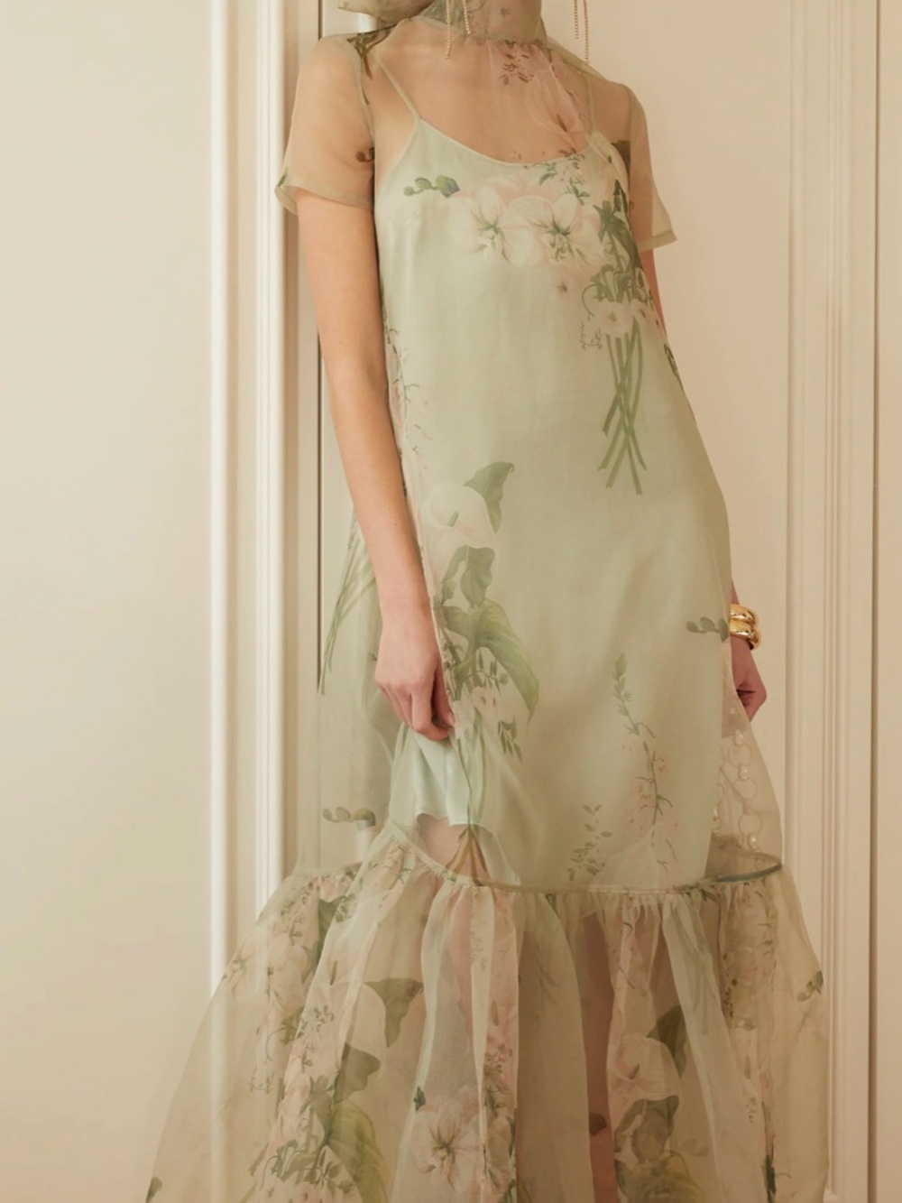 Pale Green Floral Tiered Maxi Dress
